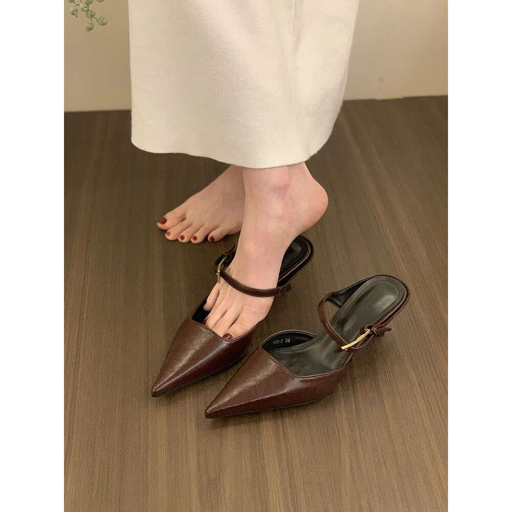 French Style Black Mid-High Heel Designer Shoe Peep-Toe Mules for Women, Outdoor Wear, 2025 New Elegant Socialite Half-Slip Single Shoes