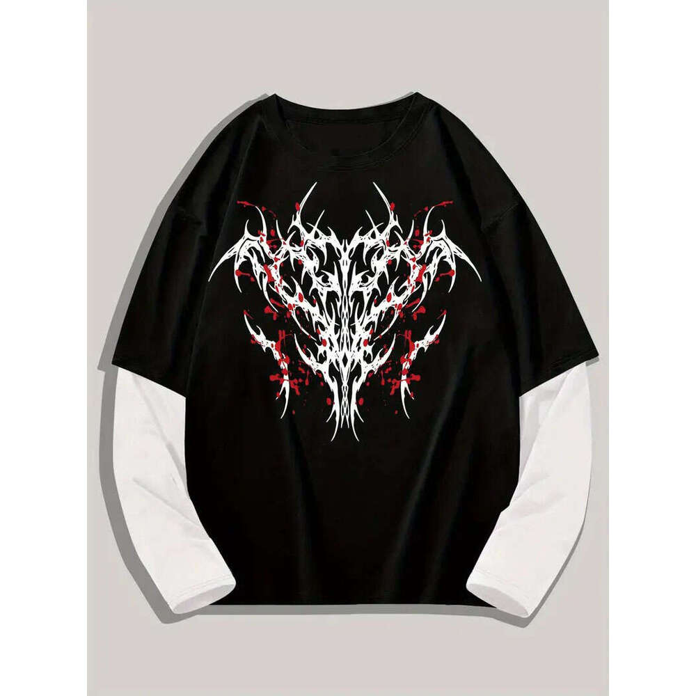 Men's Dark Print Long Sleeve T-Shirt - Edgy Skull Star Design, Stretchy Crew Neck Casual Tee For Streetwear & Everyday Style, Gothic Fashion, Med