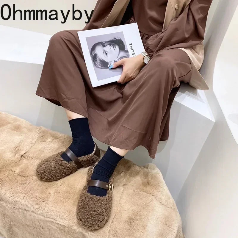 Vintage Women Warm Fur Flats Shoes Fashion Shallow Belt Buckle Spring Autumn Ladies Comfort Loafers Shoes 251013