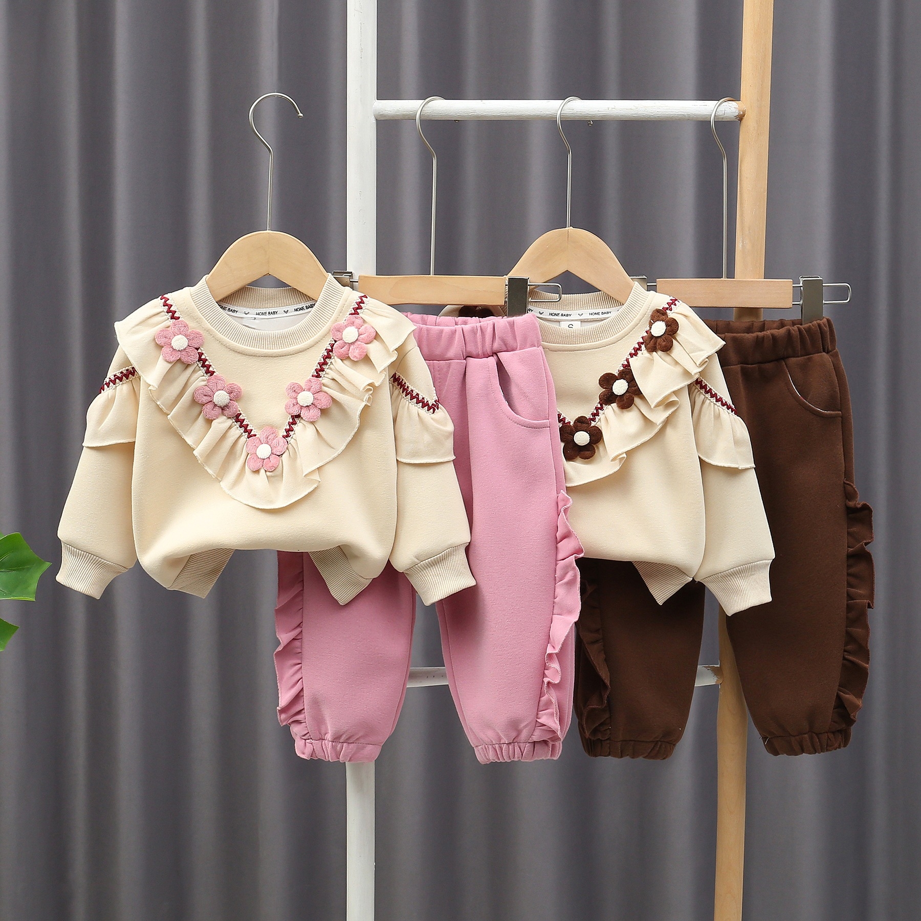 Girls' Spring and Autumn Flower Hoodie Set 2024 New Style Baby Girl Fashion Lace Top Children's Spring Two Piece Set Free Shipping Designer