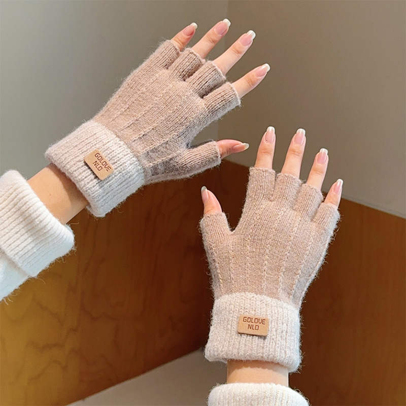 Winter Student Half-Finger Knitted Wool Fleece Touchscreen Writing Cycling Anti-Slip Fingerless Warm Gloves