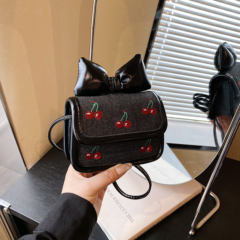 Luxury Brand Designer Bag New Cute Girly Style Bow Mini Square Bag Fashionable Denim Children's Cherry Exquisite Crossbody Bag