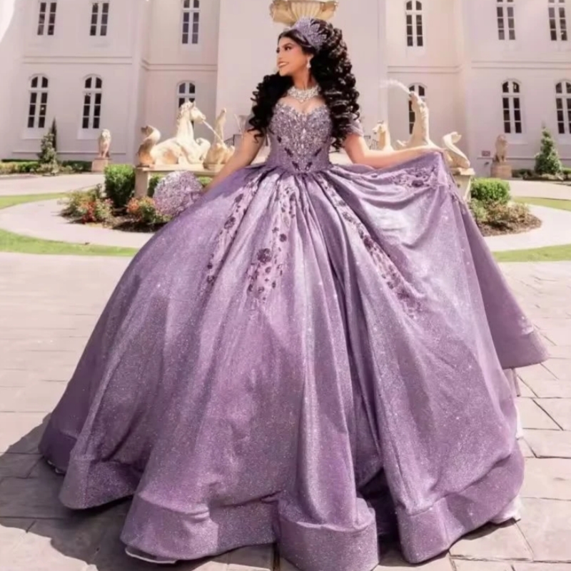 Lilac Shiny Quinceanera Dresses Off The Shoulder Sequin Beading Crystal Corset Tull Party Birthday Sweet 16 Dres Vestidos 15 De Anos