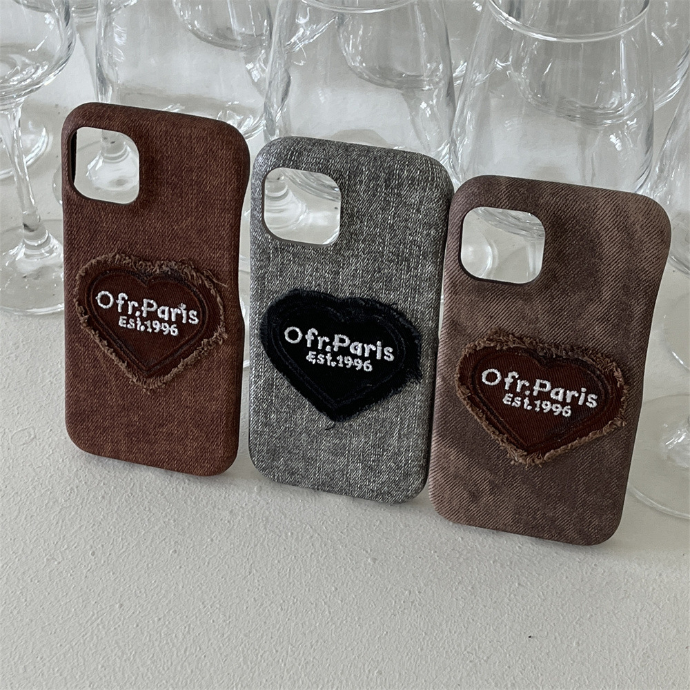 Suitable for iphone 17/16/15/14 Pro Max Denim Embroidered Heart Phone iPhone 13/12 Cartoon Case