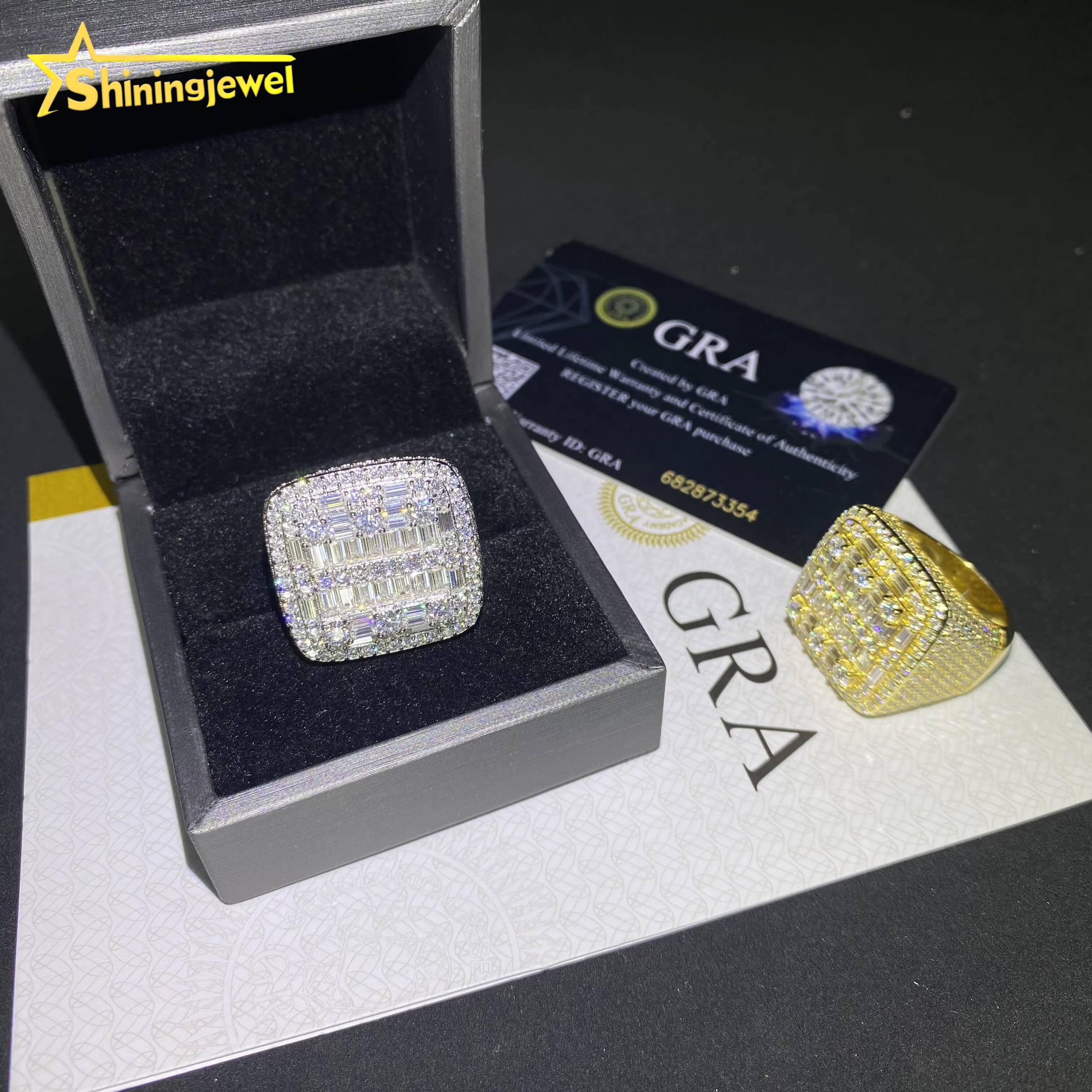 GRA Certificate Iced Out Jewelry Men Baguette Cut Diamond Square Ring Fine Hip Hop VVS Moissanite Custom 925 Silver Ring