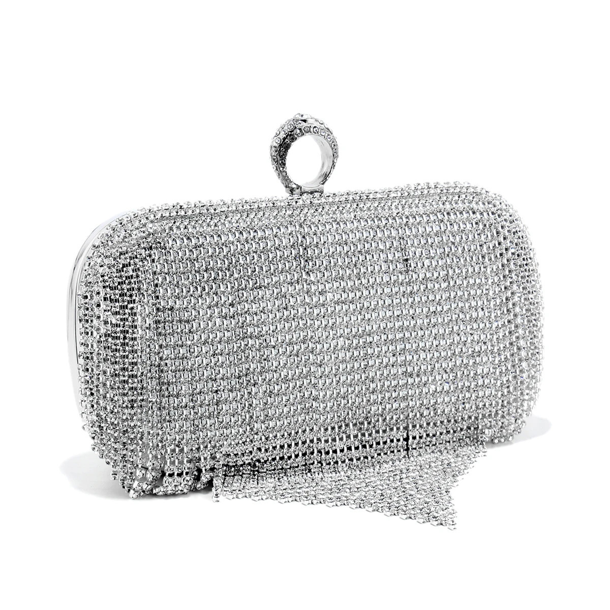 Tassel y Glitter Clutch Silver Bags s Finger Ring Diamonds Evening Metal Chain Shoulder Handbags 251014