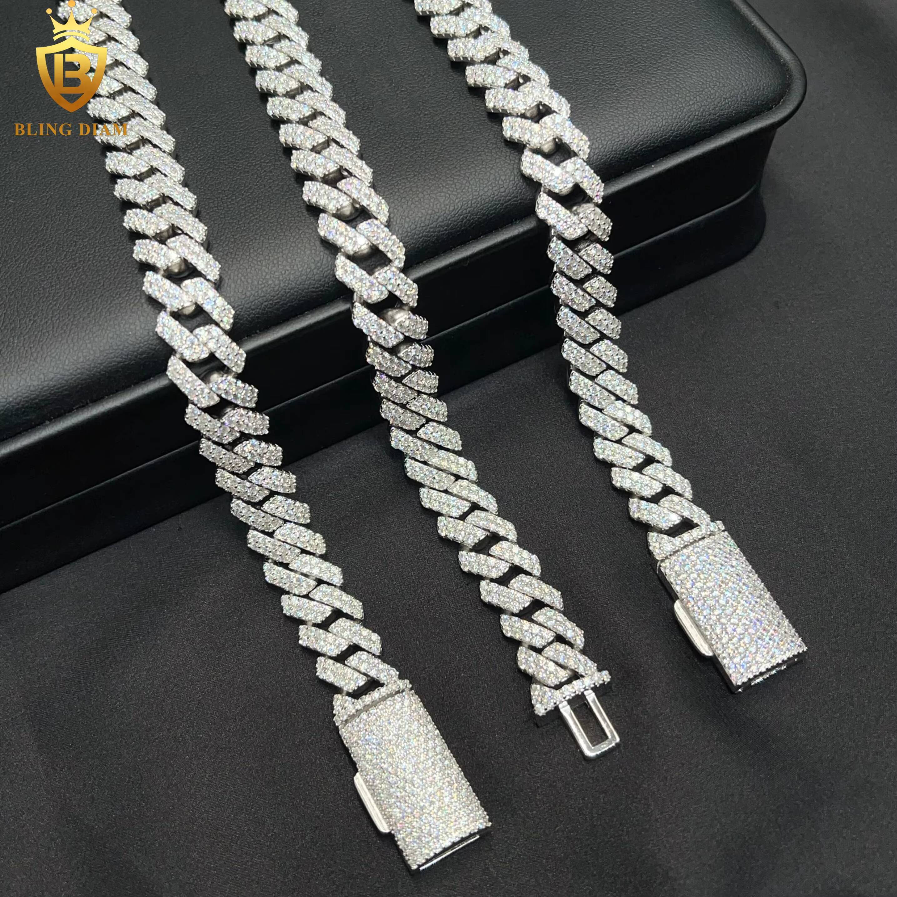 12 mm Hip Hop Rapper Jewelry 2 Rows Iced Out High Quality Miami Cuban Link Chain Vvs Moissanite 925 Silver for Men Necklace