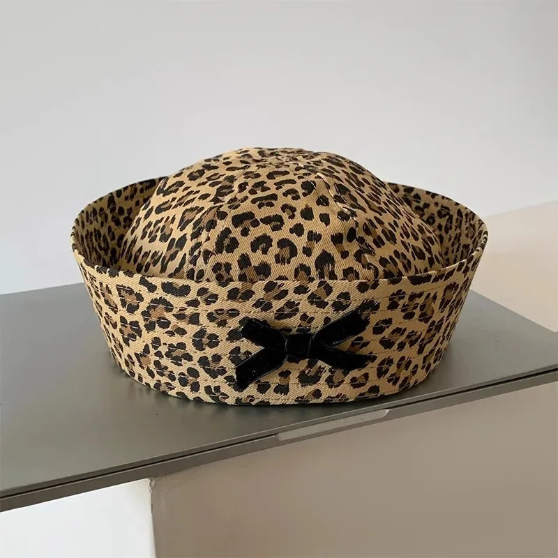 Japanese Y2K JK Yuppie Style Bow Leopard Print Sailor Hat Female Retro tie Showing Face Small Flipped Brim Beret Cap Women 251008