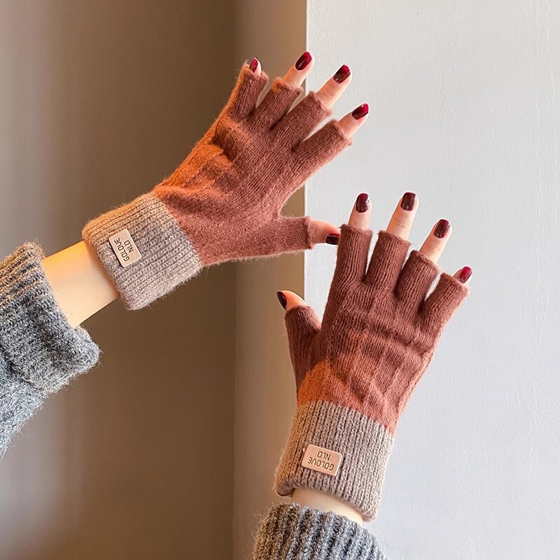 Winter Student Half-Finger Knitted Wool Fleece Touchscreen Writing Cycling Anti-Slip Fingerless Warm Gloves