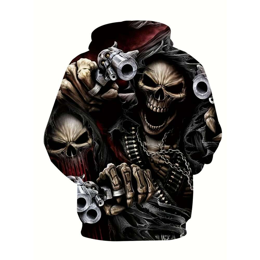 Men's Skulls Graphic Print Hoodie With Kangaroo Pocket, Casual Long Sleeve Drawstring Hooded Sweatshirt For Outdoor