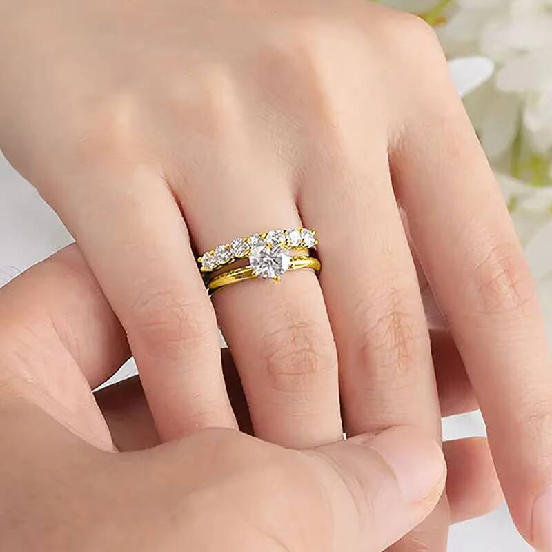 925 Sterling Silver 18k Gold Colorful 7 Stone Diamond Moissanite Eternity Engagement Ring Seven Princess Women Fine Jewelry