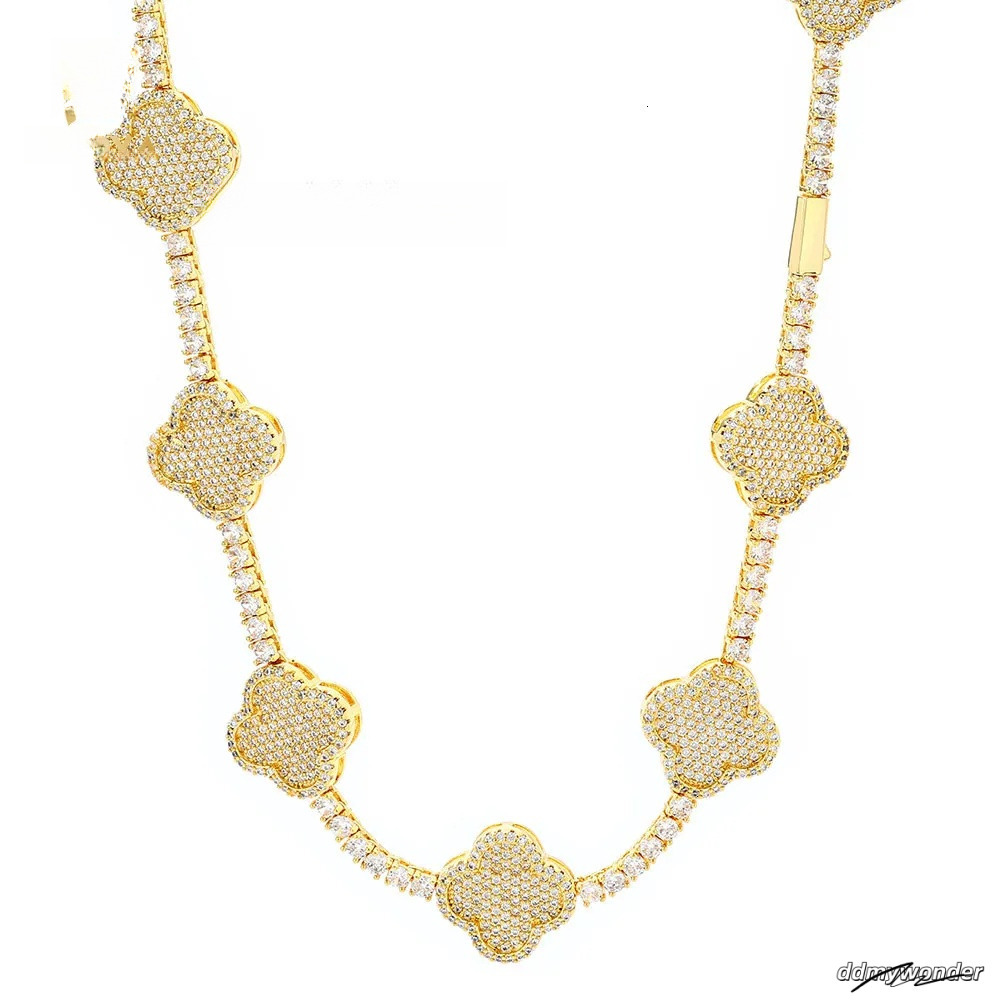 Hip Hop Fine Jewelry Four-Leaf Clover Tennis Necklace Women Gold Plated 3A Zircon Iced Out Bling Dia Chain Ddmywonder