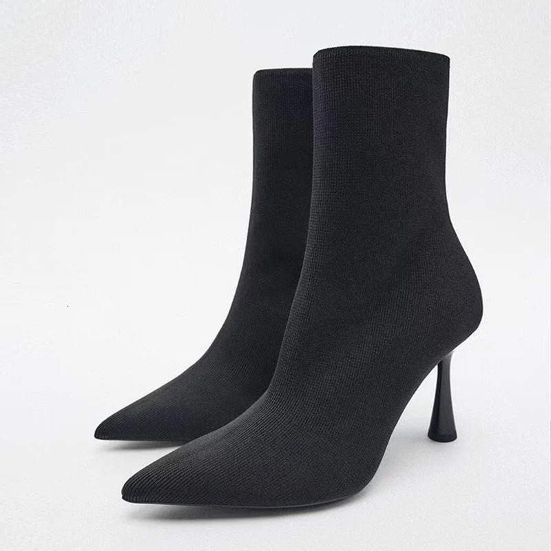 Liyke Woman Black Knitting Stretch Fabric Sock Boots Elegant Pointed Toe Ankle Boot High Heels Party Prom Shoes Size 40 251011