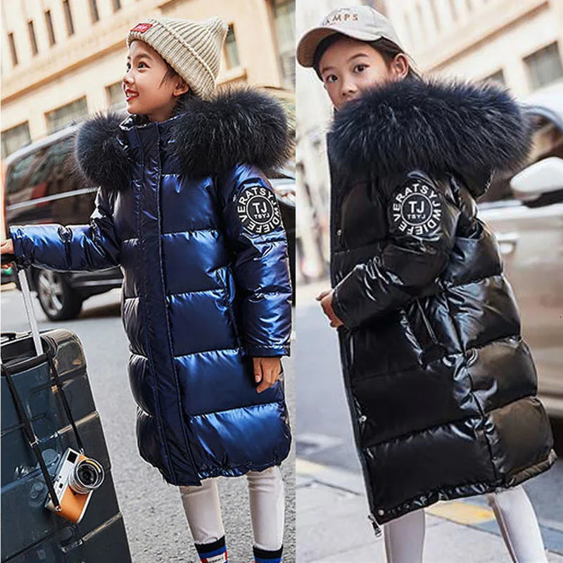 30 Teen Girls Jacket Winter Long Solid Color Glossy Waterproof Thick Warm Hooded Parkas For 514Y Kids Fur Collar Cotton Coat 251017