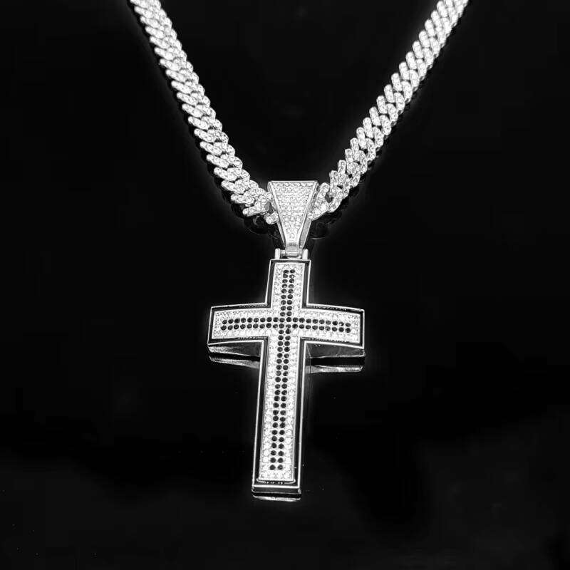 Men's Bold Cross-Shaped Cuban Pendant Necklace Zinc Alloy Chain Moissanite Hip-Hop Style