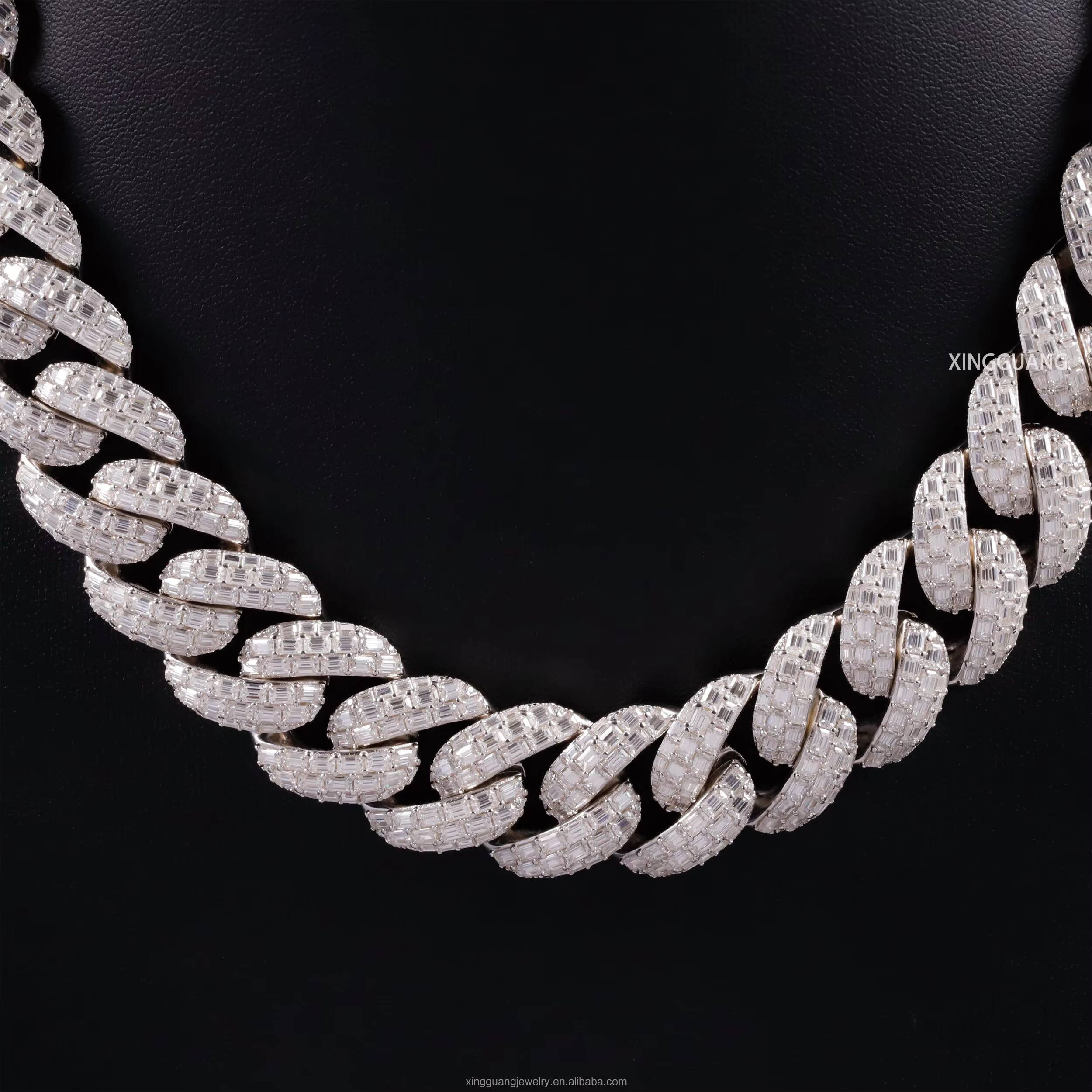 Customized Trend Baguette Moissanite Clasp Full Iced Out Cuban Lidynamic Chains 22MM 3 Rows 925 Silver Pass Diamond Test VVS Moissanite Chains