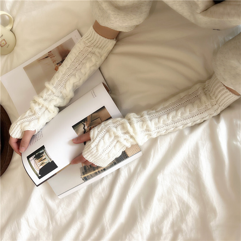 Yifan Autumn Winter Outdoor Travel Warm Cold-Proof Solid Color Cable Knit Long Half-Finger Elastic Warmers Knitted Arm Sleeves for Women