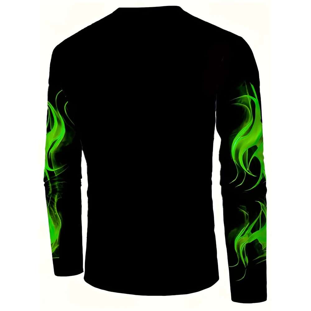 Men's Casual Long Sleeve Crew Neck T-Shirt Green Eye And Flame Design, Slim Fit Polyester Knit With Slight Stretch, Animal Pattern Graphic Tee