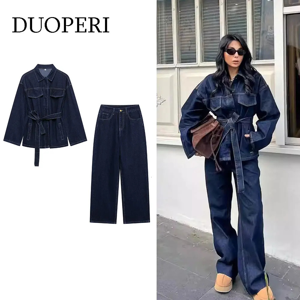 DUOPERI Women Fashion 2 Pieces Sets With Belt Denim Jackets Vintage Front Zipper Jeans Trousers Feamle Chic Lady Pants Sets 251016