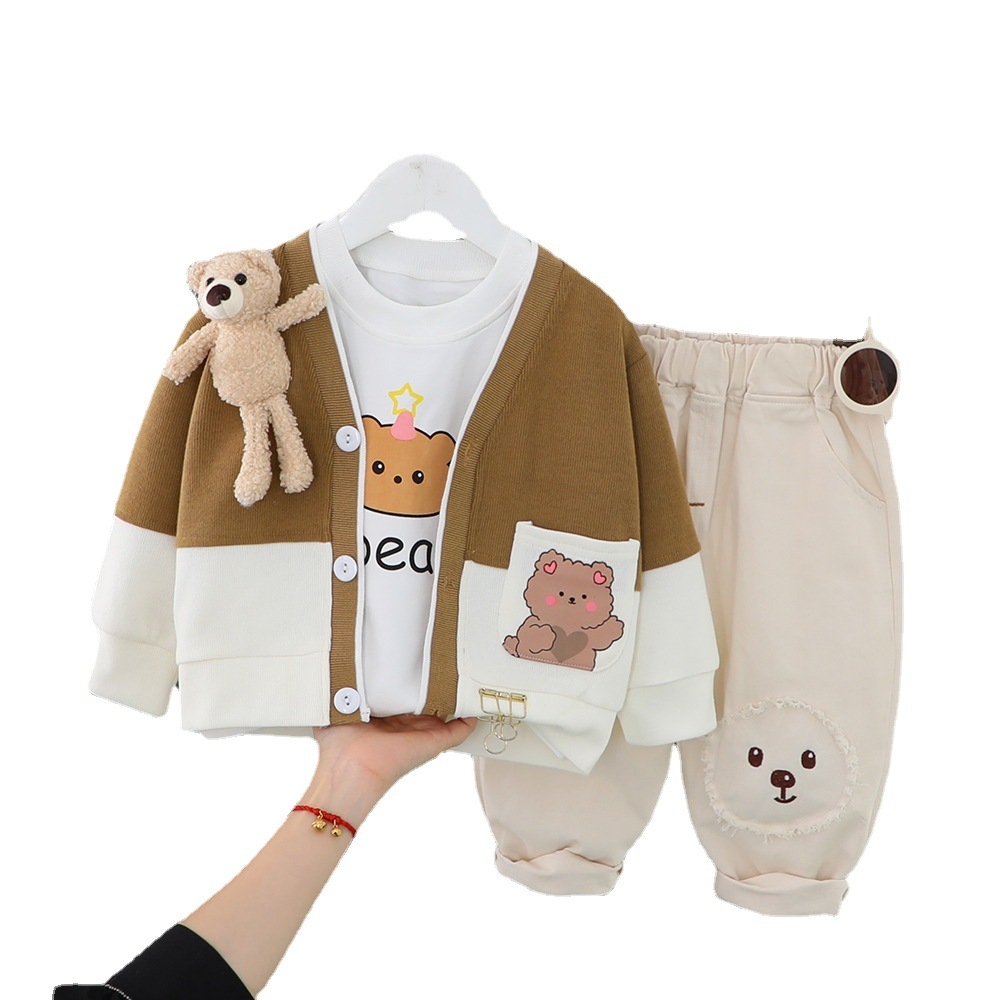 Baby cardigan three piece set for spring and autumn, 2025 new trendy children's clothing for boys and girls, spring set, college style, free ship