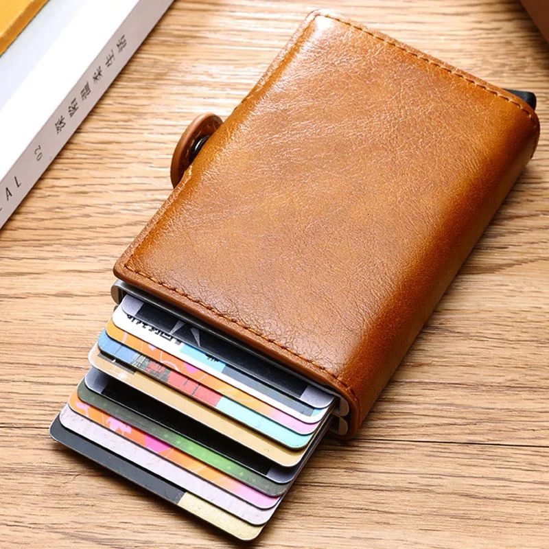 VM FASHION KISS Carbon Fiber High Quality Wallet Pu Leather RFID Security Double Aluminum Box Credit Card Holder Men Metal Purse 251013