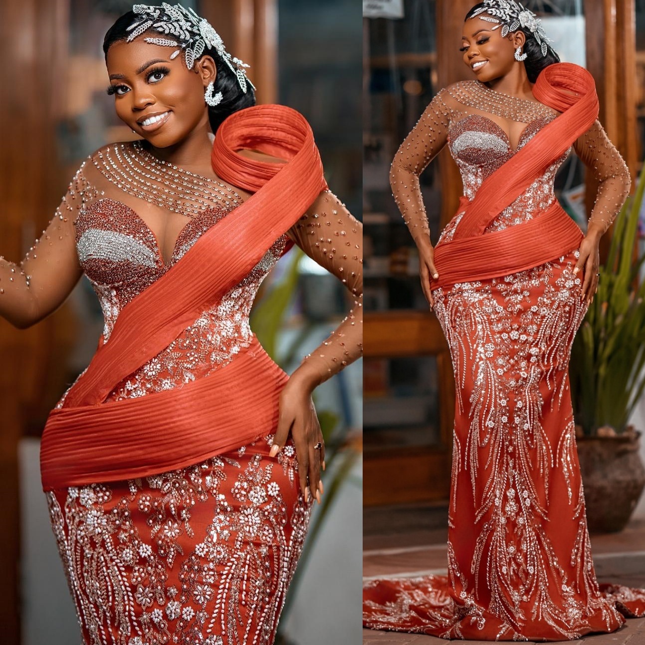 Burnt Orange Mermaid Prom Dresses 2025 Beaded Crystals Sheer Neck Evening Formal Party Second Birthday Engagement Gowns Plus Size Dress For Special Oc