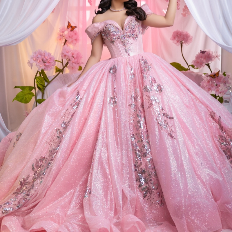 Pink Shiny Quinceanera Dresses Off The Shoulder Sequin Applique Lace Beading Tull Party Birthday Sweet 16 Dres Vestidos 15 De Anos