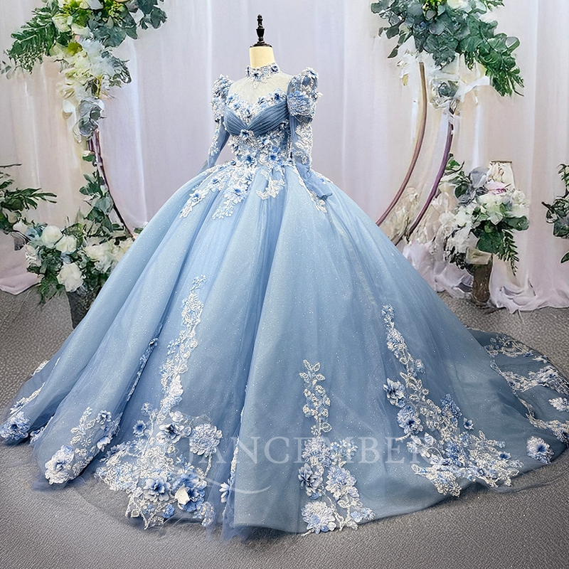 Blue Shiny Quinceanera Dresses Off The Shoulder Applique Lace Beading Crystal Long Sleeves Tull Party Birthday Sweet 16 Dres Vestidos 15 De Anos