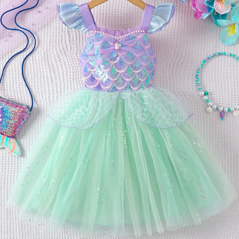 Girls Flying Sleeve Suspender Mesh Skirt Baby Girl Summer Sweet Sequin Performance Costume Mermaid Princess Dress 251014