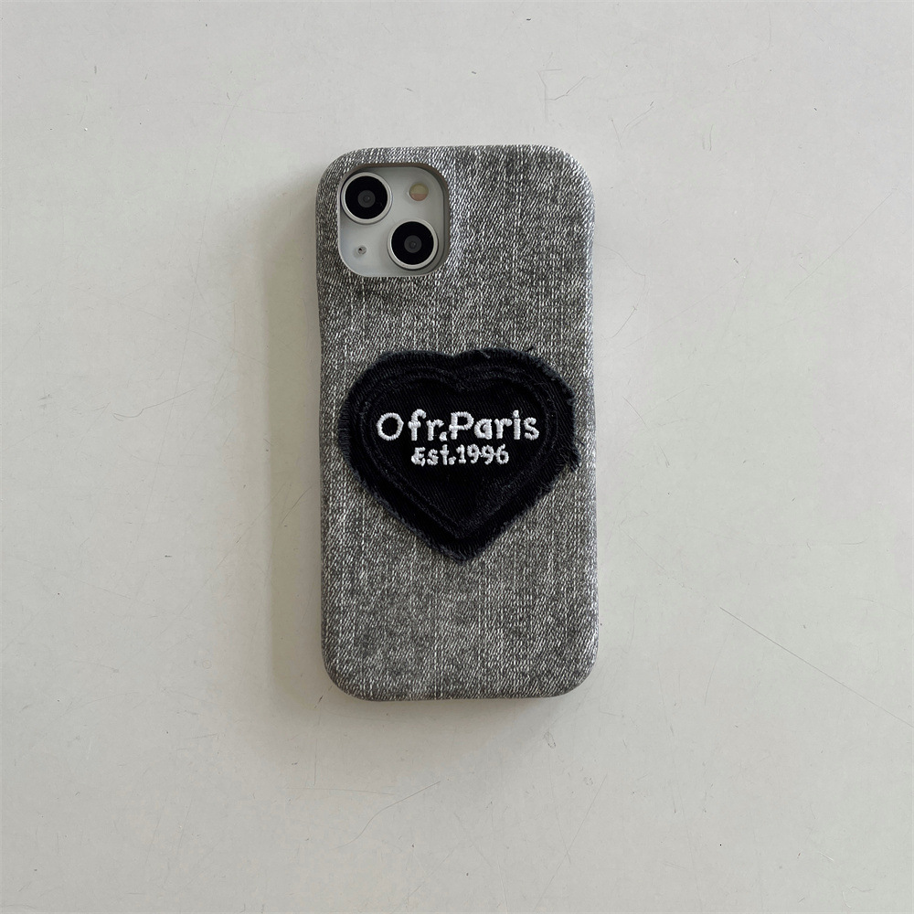Suitable for iphone 17/16/15/14 Pro Max Denim Embroidered Heart Phone iPhone 13/12 Cartoon Case