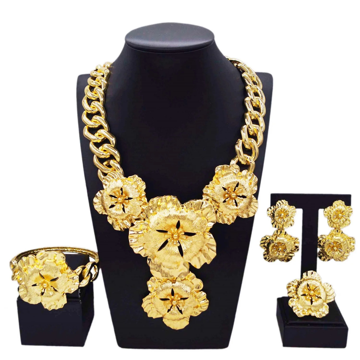 Necklace For Women Fashion Cuban Chain Necklace Gold Flower Pendant Wedding Bijoux Gold Plated Earrings Ring SYHOL 251016