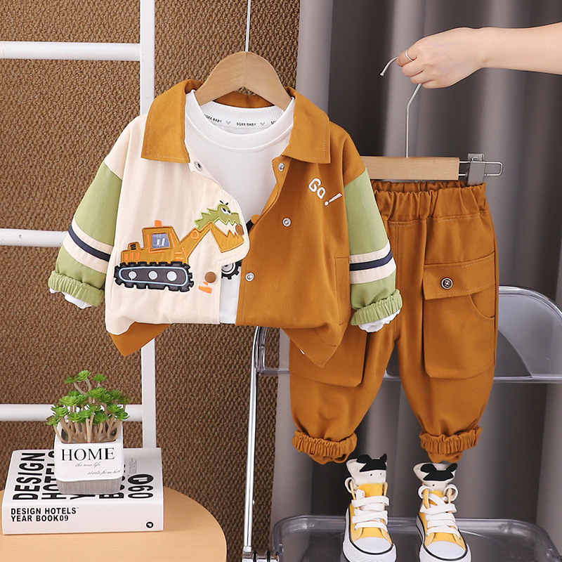 Boys' autumn fashion cartoon excavator three piece set, baby's autumn handsome baby clothes trendy children's fashion free shipping