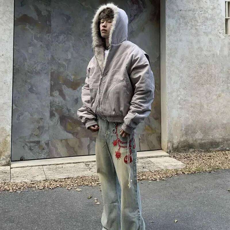 American Retro Winter Thick Woolen Collar Hooded Cotton Plush Top Men Street Hip Hop Gothic Oversize Jacket Coat