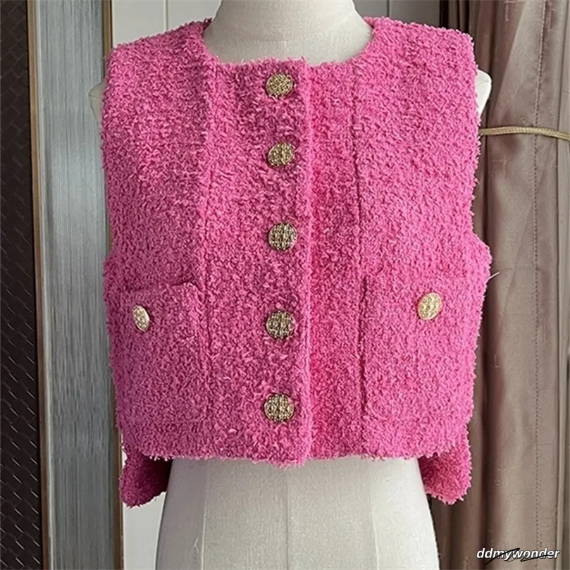 Tweed Vest Womens: Elegant O-Neck Sleeveless Wool Jacket, Korean Style Jacket. Lightweight Pink And White Coat For Women Ddmywonder