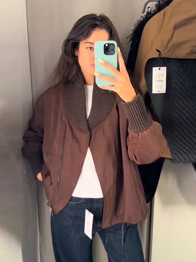 Casual Patchwork Lapel Coats Women Loose Zipper Pockets Full Sleeve Drawstring Short Jacket 2025 Autumn Lady Commute Outerwear 251010