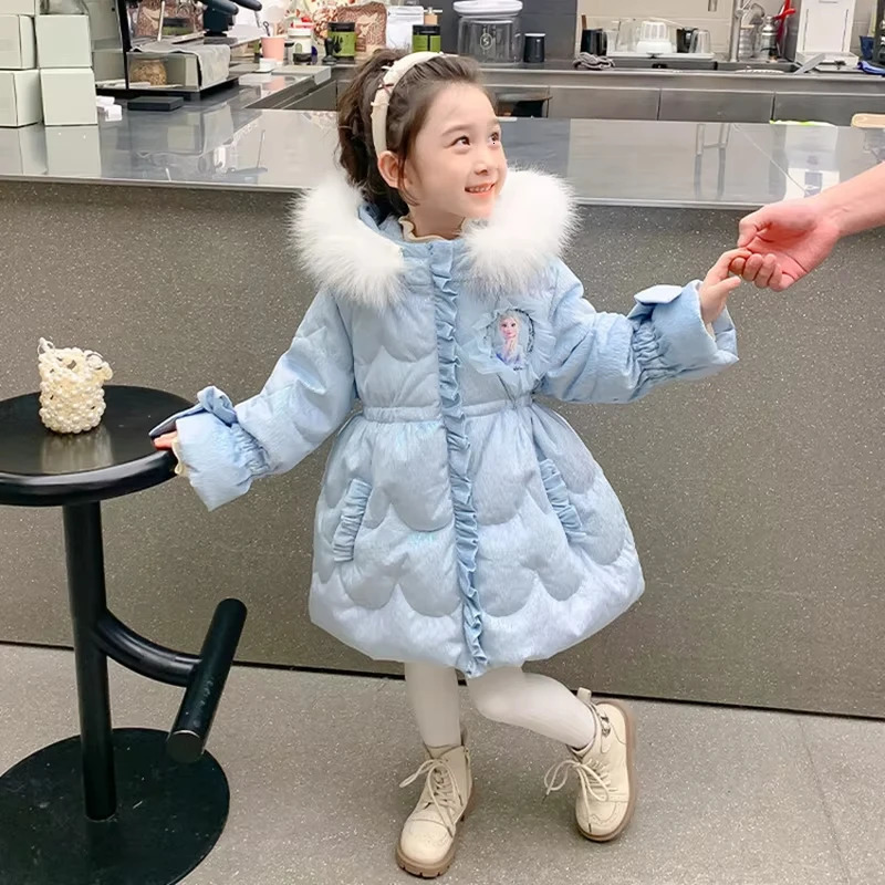 Frozen Elsa Girls Downcoat Winter Kid Clothes Fur Collar Hooded Padded Cotton Thicked down Jacket Children Princess Costume 251017