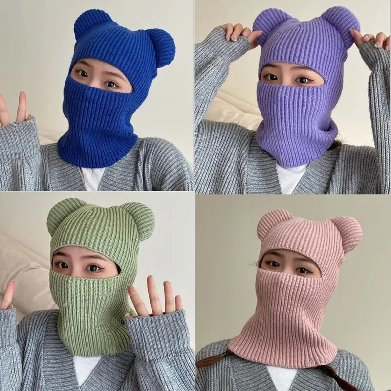 Womes Cute Full Face Cover Ski Mask Hat with Bear Ear Balaclava Knitted Hats Windproof Skullies Beanies Bonnet Winter Warm 251014