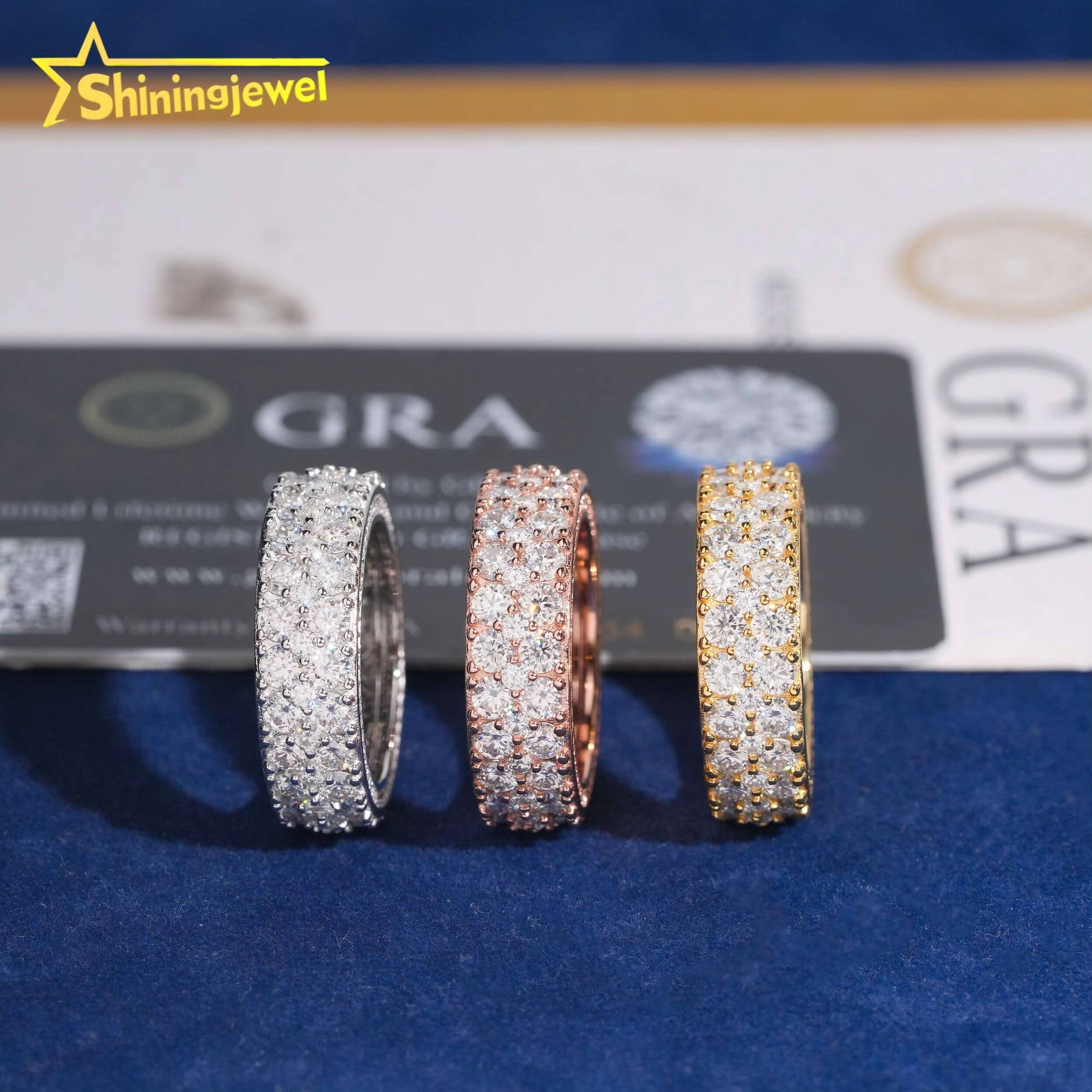 3 Rows Diamond Iced Out Ring Fashion Hip Hop Ring Gra Certified VVS Moissanite Jewelry for Men