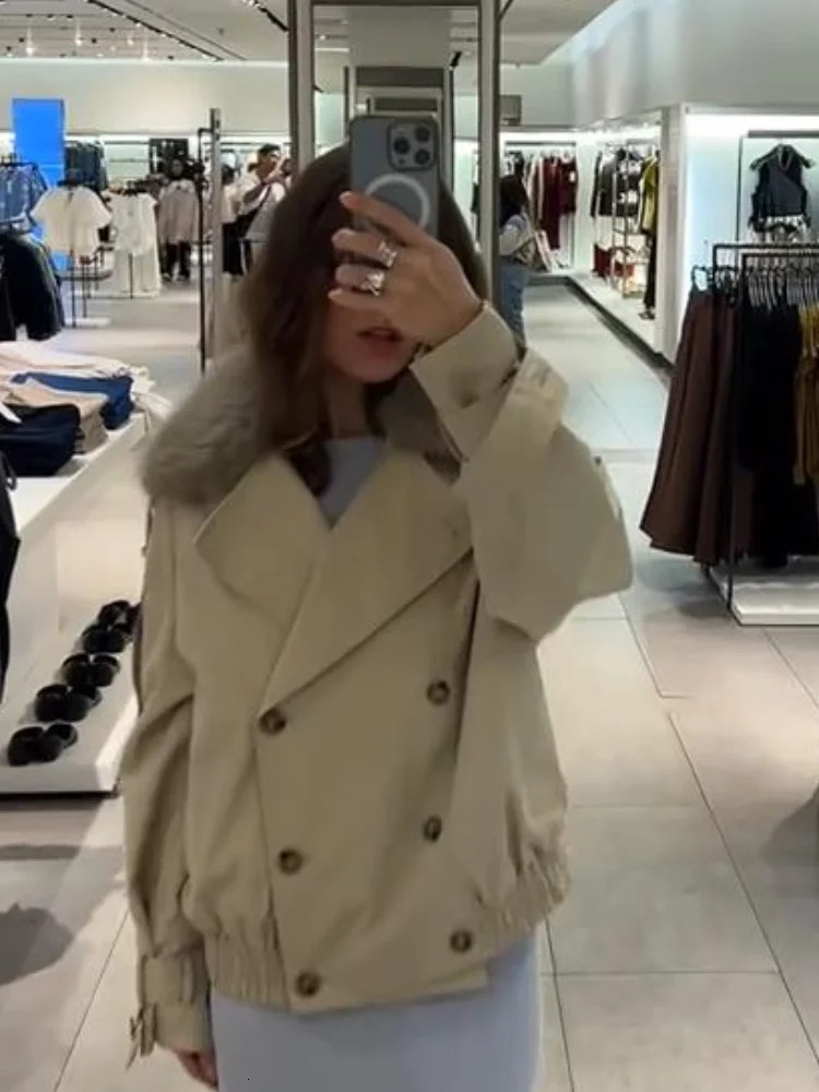 Long Sleeve Jacket Women Cropped Trench Coat Lapel Double Breasted Pocket Jackets 2025 Autumn Female Retro Streetwear 251010