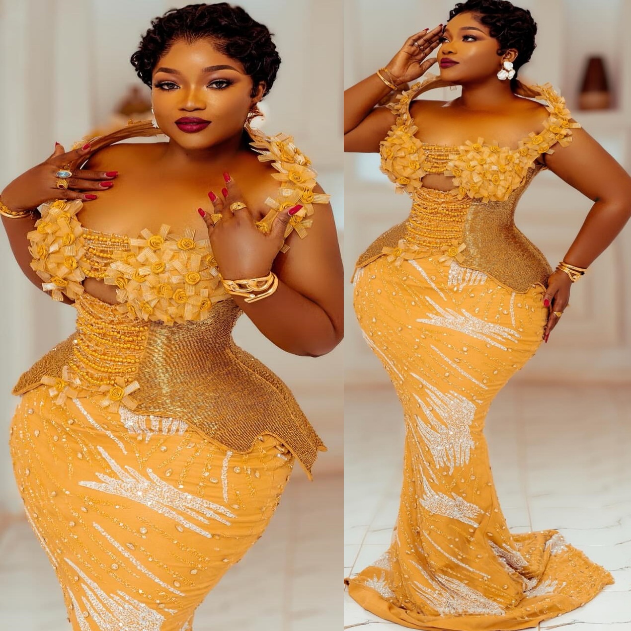 Yellow Mermaid Prom Dresses 2025 Flowers Beaded Crystals Lace Halter Evening Formal Party Second Birthday Engagement Gowns Plus Size Dress For Special