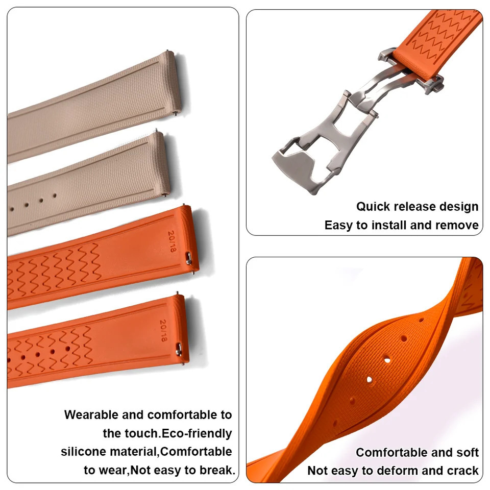 Premium Grade Soft FKM Rubber Watch Strap 20mm 21mm 22mm Perfect Fit Flat End Universal Quick Release Watch Strap 251016