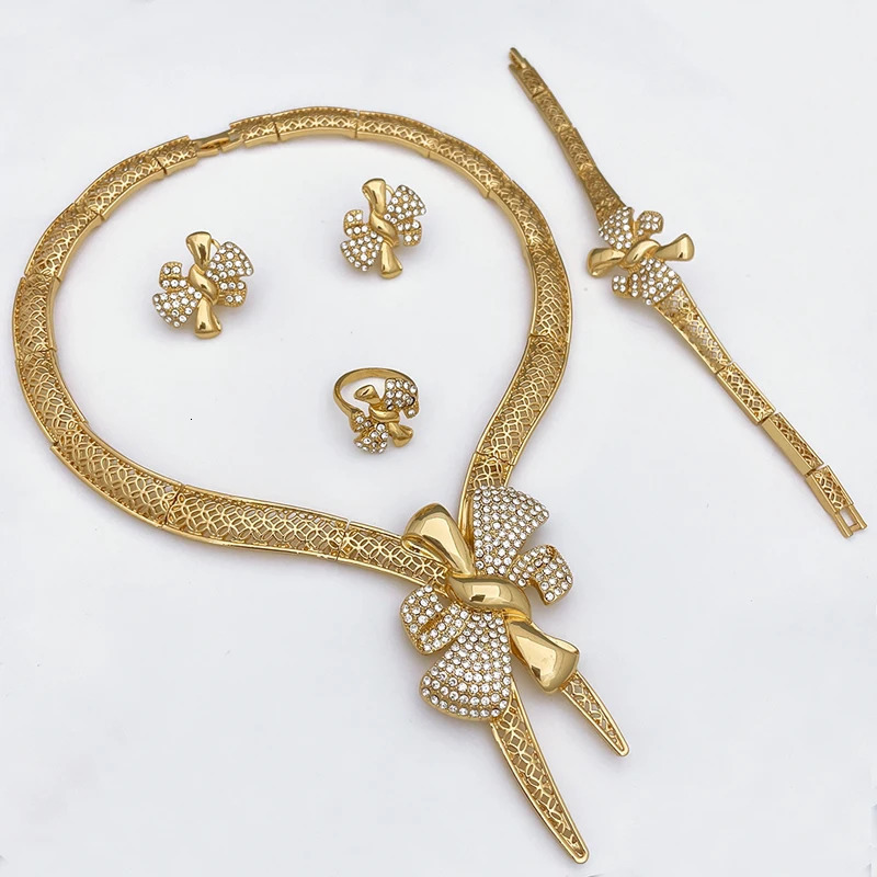 Italy 18k Gold Plated Women Jewelry Set Classic Bowknot Necklace Earring Bracelet And Ring 4PCS Set Jewelry Wedding Party 251016