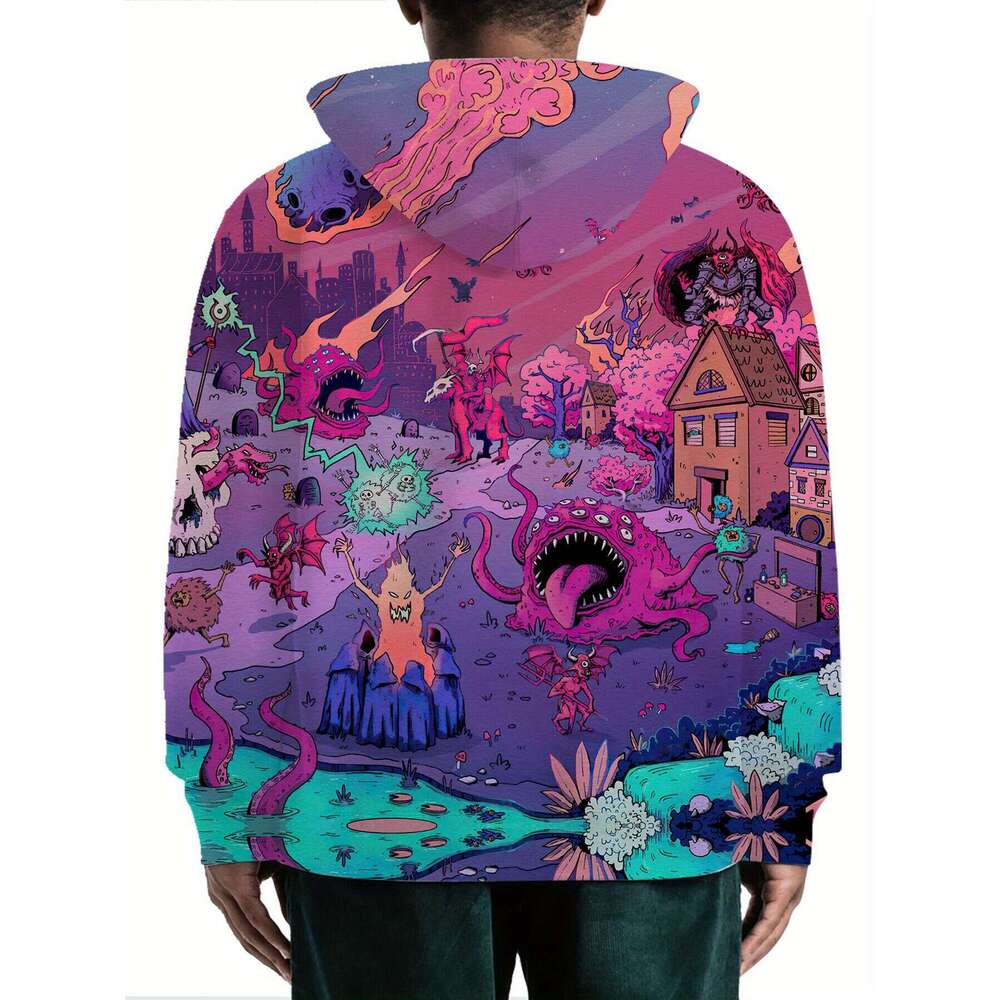 Men's 3D Cartoon Print Hoodie - Vibrant Streetwear Pullover With Double-Layer Hood, 250Gsm All-Season Comfort, Hine Washable Casual Sweatshirt