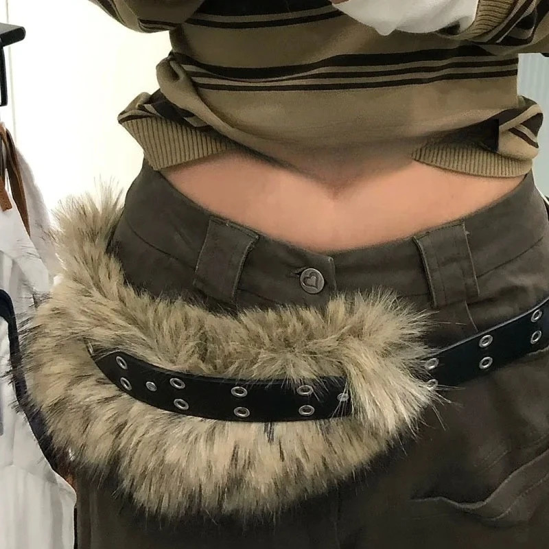 Vintage Brown PU Leather Fur Belt Y2K Hook Furry Fur Belt Cowgirl Gothic Punk Sexy Belts HipHop Waistband Jeans Pants Decor 251016