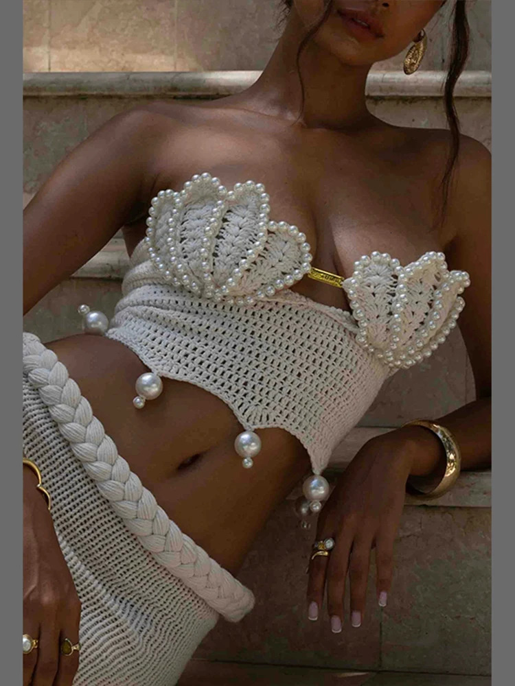 Knitted Pearl Tube Top Skirt Sets Women Sleeveless Backless Crop Tops High Waist Skirts Suits Female 2 Piece Vacation Beach Sexy 251014