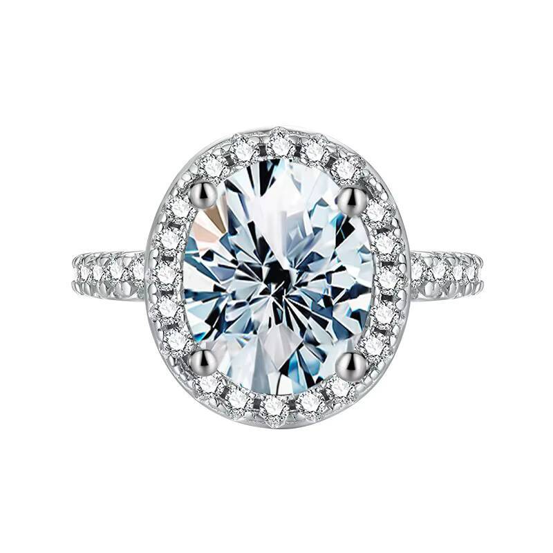 Luxury Wedding Jewelry White Gold Plated 925 Silver Single Huge Oval Cut 3ct Diamond Moissanite Halo Rings for Women