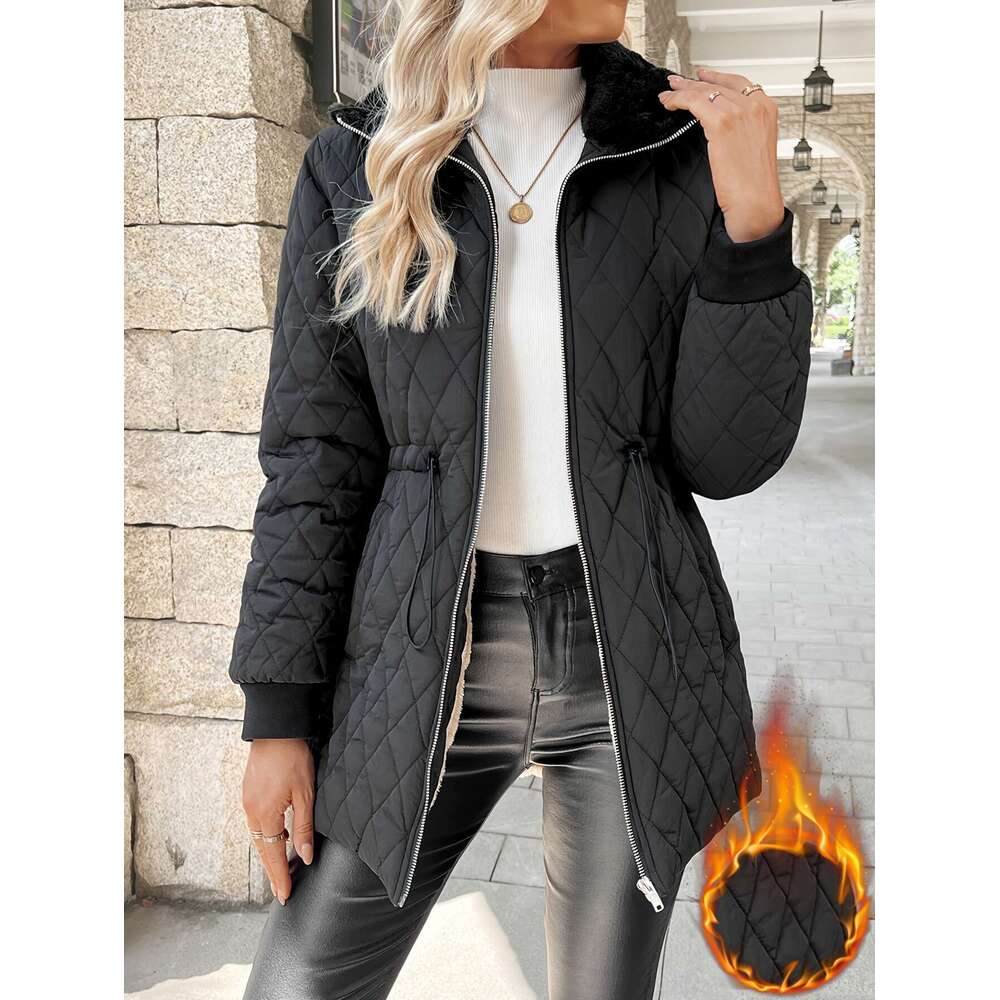Solid Color Zipper Quilted Drawstring Jacket, Elegant Long Sleeve Warm Autumn And Winter Coat For Women