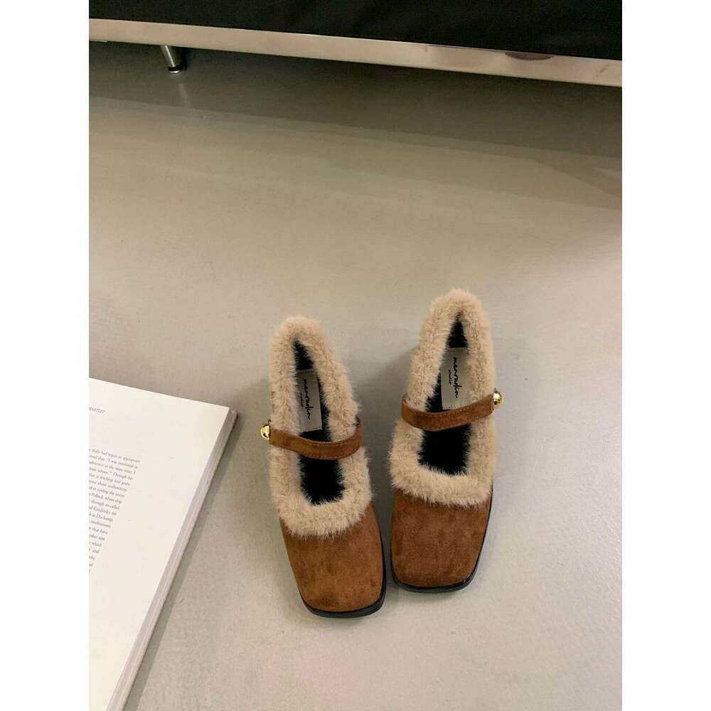 Chunky Heel French Style Furry for Women 2025 New Autumn Winter Designer Shoe Closed Toe Half Slippers with Fleece Lining