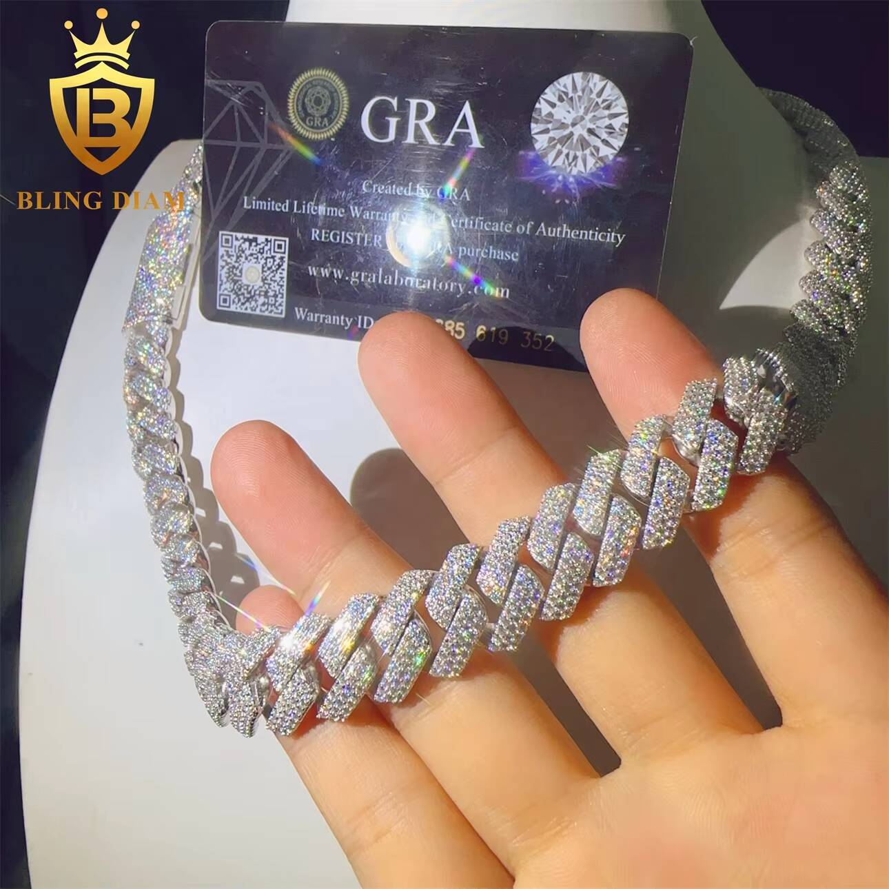 GRA Certificated Hip Hop VVS Miossanite Iced Out Diamond 15mm Sterling Silver 925 Miami Cuban Link Chain Necklace