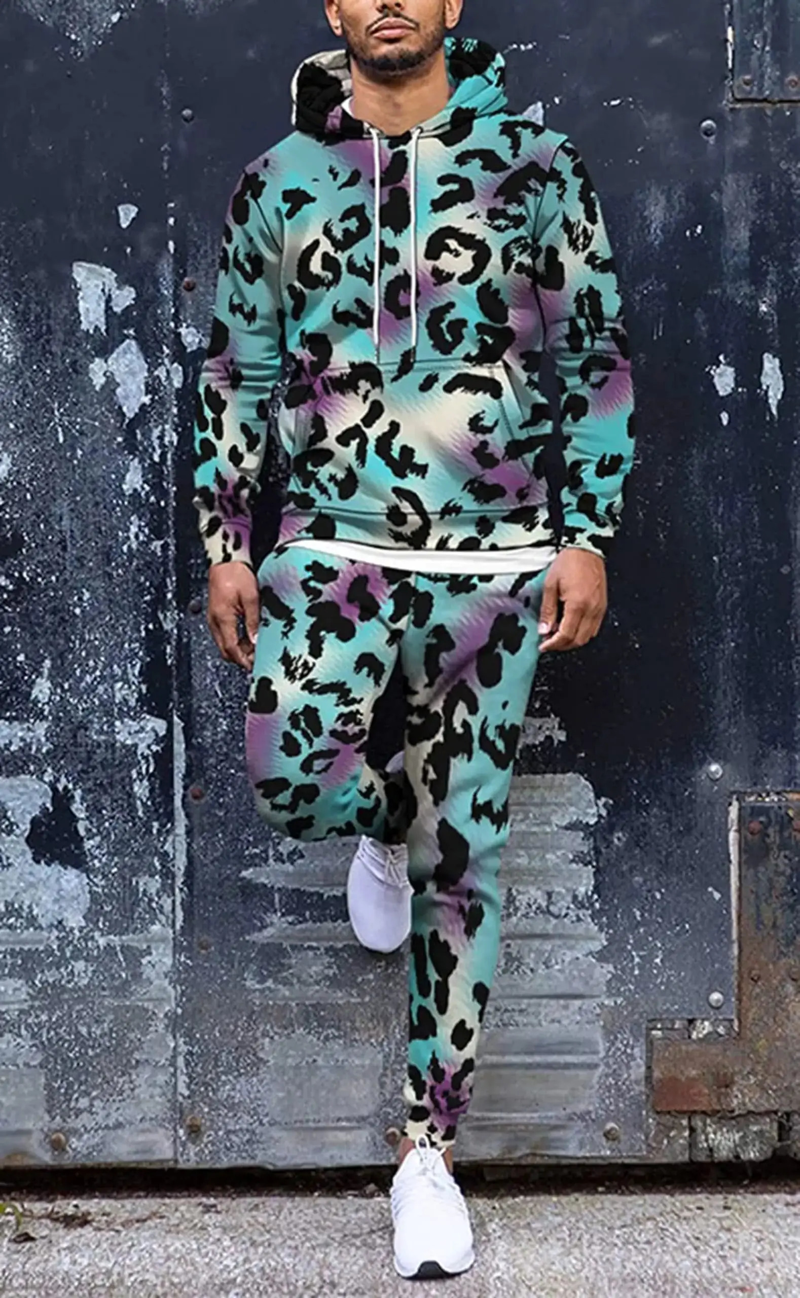 Mens 3D Leopard Print Hoodies 2Piece Hooded Sweatshirt Sweatpants Set AutumnWinter Loose Casual Outdoor Tracksuit Outfits 251016